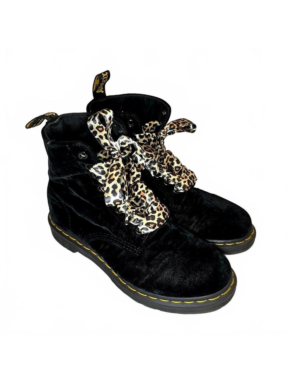 Dr. Martens Black 1460 Pascal Velvet Boots w/ Satin Leopard Laces Wmns Size 8